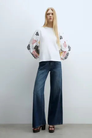 Embroidered Sleeve Blouse - White