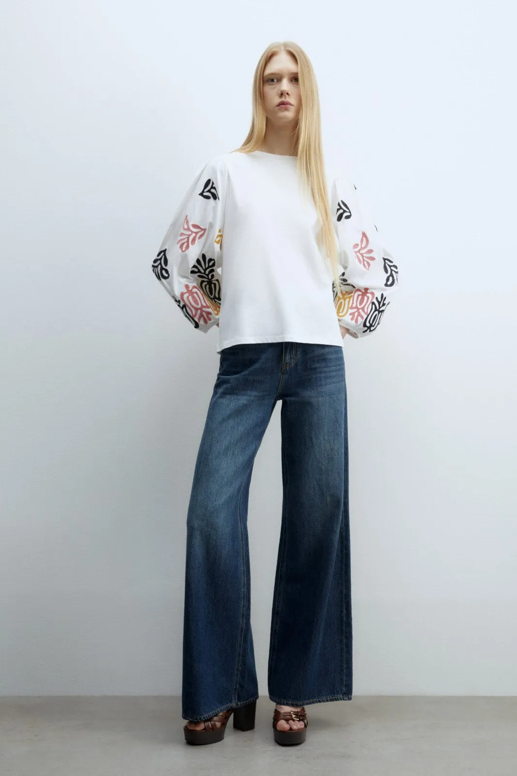 Embroidered Sleeve Blouse - White