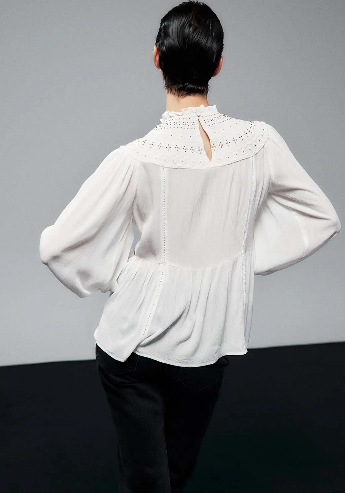 Embroidered Yoke Blouse - White