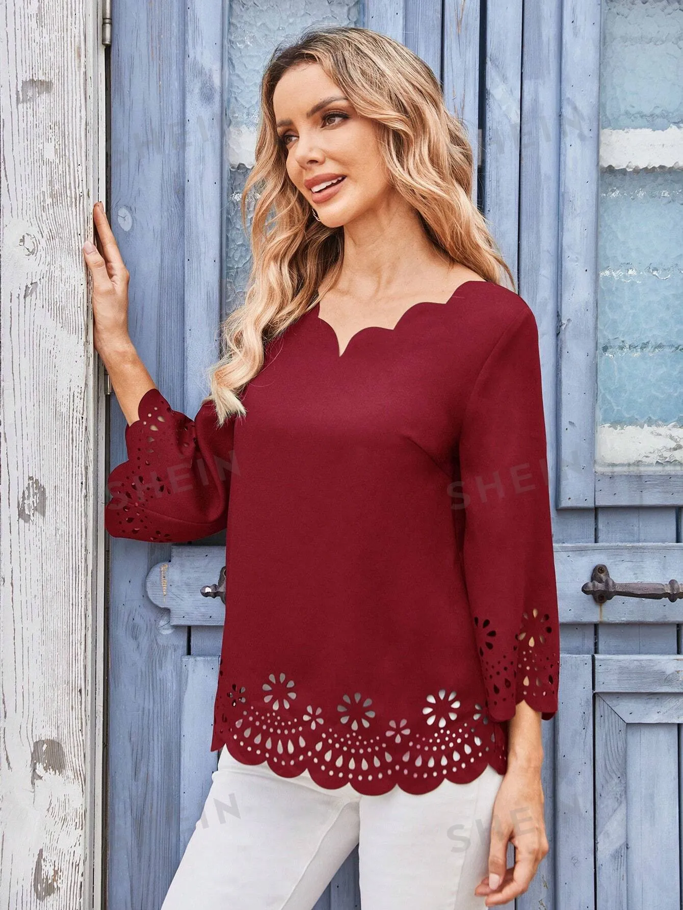 EMERY ROSE Ladies' Solid Color V-Neck Elegant Shirt With Scallop Edge
