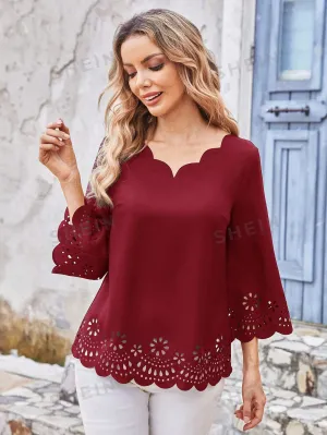 EMERY ROSE Ladies' Solid Color V-Neck Elegant Shirt With Scallop Edge