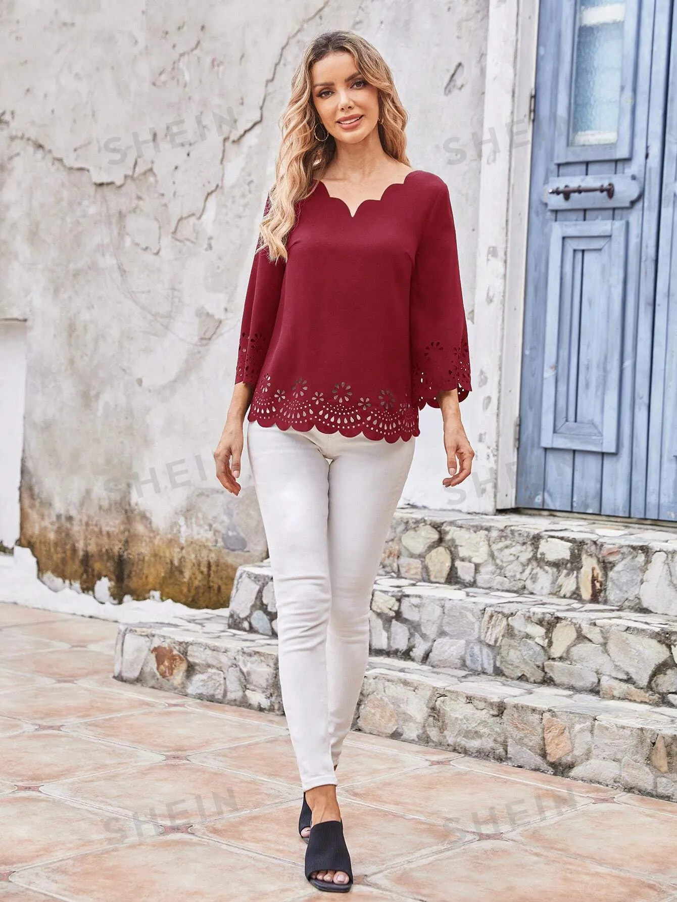 EMERY ROSE Ladies' Solid Color V-Neck Elegant Shirt With Scallop Edge