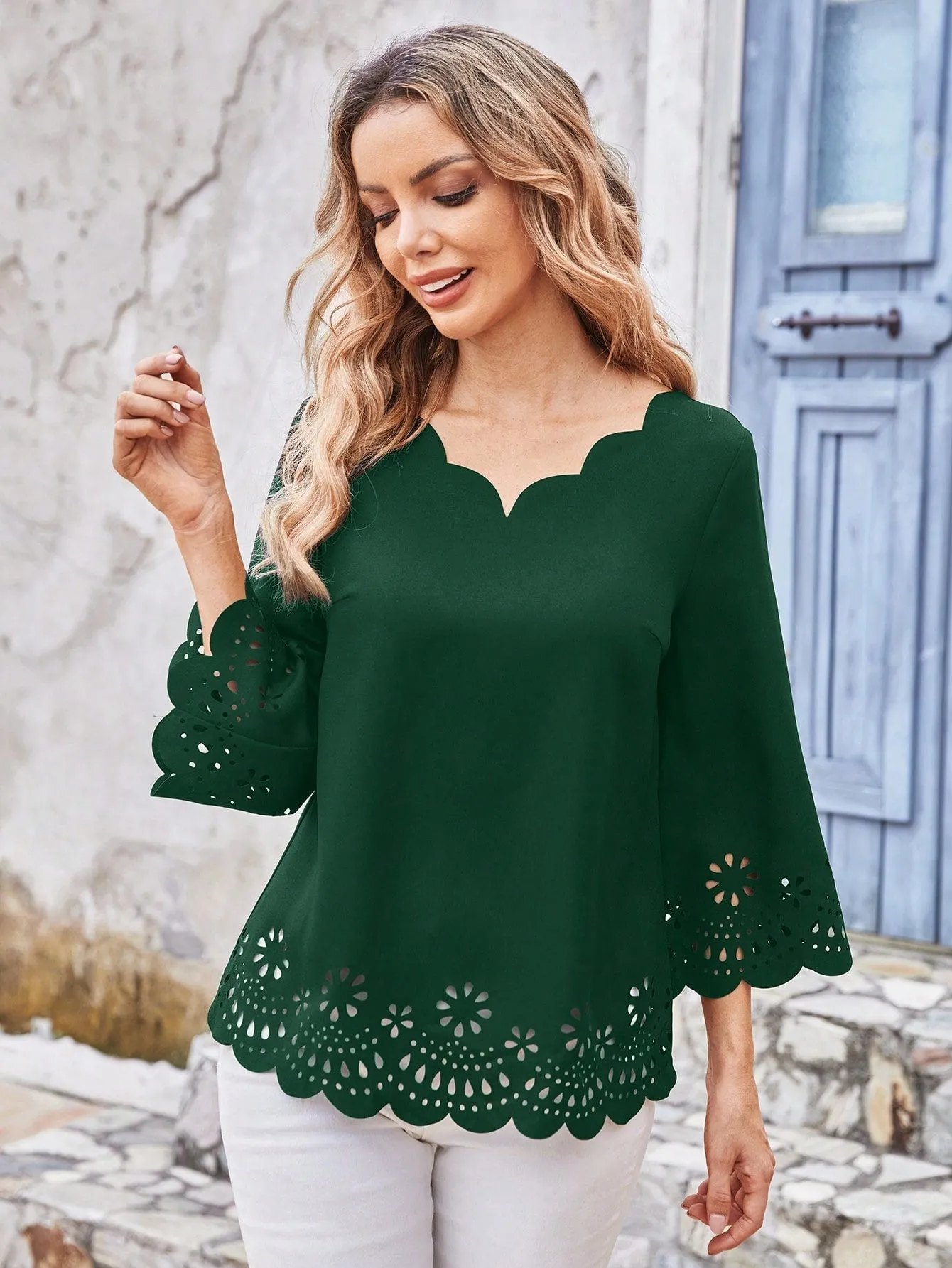 EMERY ROSE Ladies' Solid Color V-Neck Elegant Shirt With Scallop Edge