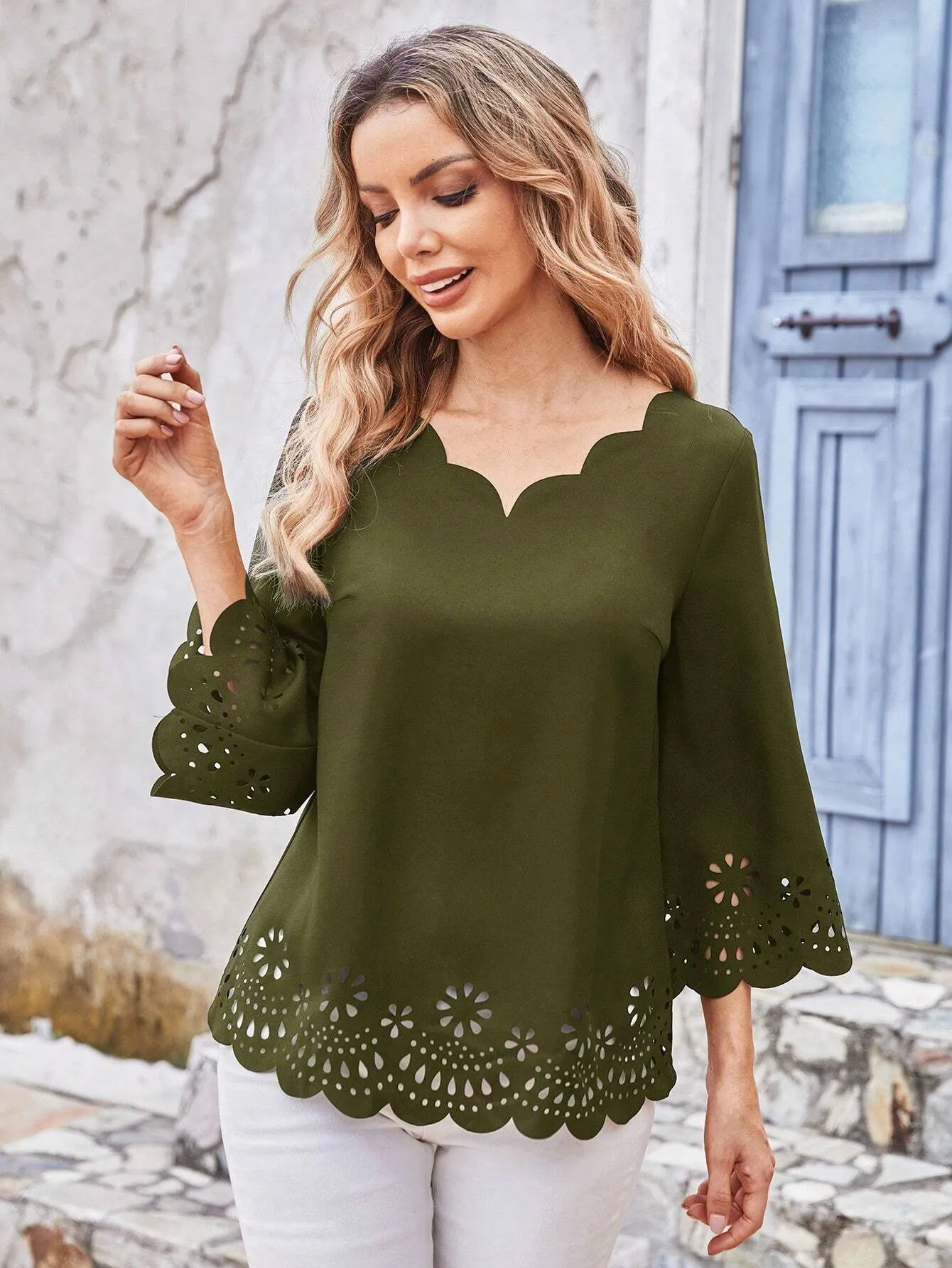 EMERY ROSE Ladies' Solid Color V-Neck Elegant Shirt With Scallop Edge