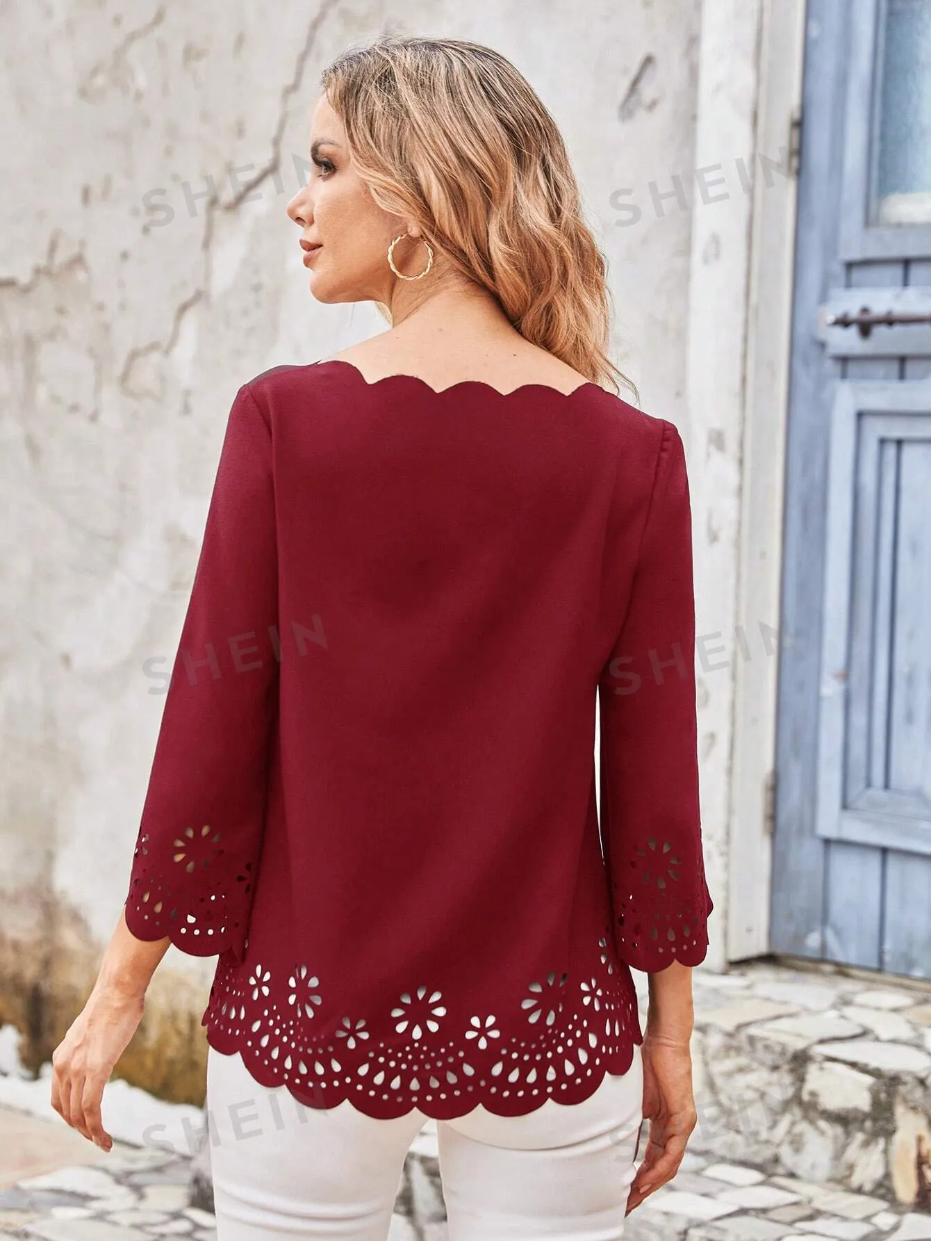 EMERY ROSE Ladies' Solid Color V-Neck Elegant Shirt With Scallop Edge