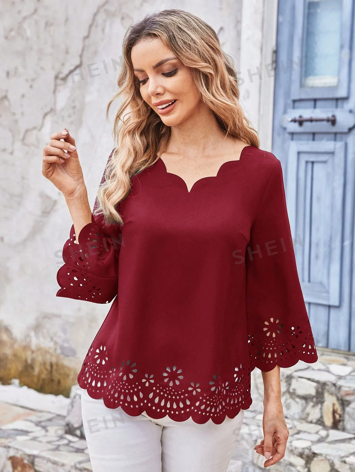 EMERY ROSE Ladies' Solid Color V-Neck Elegant Shirt With Scallop Edge