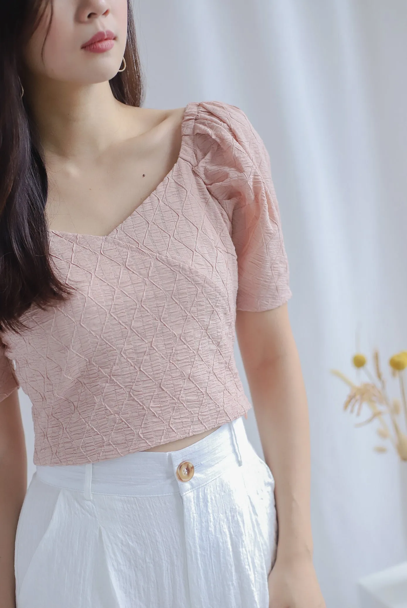 Epone Textured Puffy Sleeve Top In Blush