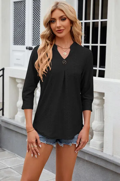 Eyelet Notched Knit Jacquard Top (8 Colors)