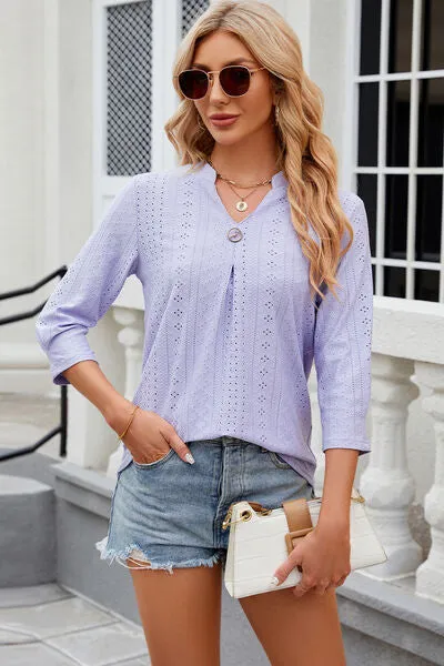 Eyelet Notched Knit Jacquard Top (8 Colors)