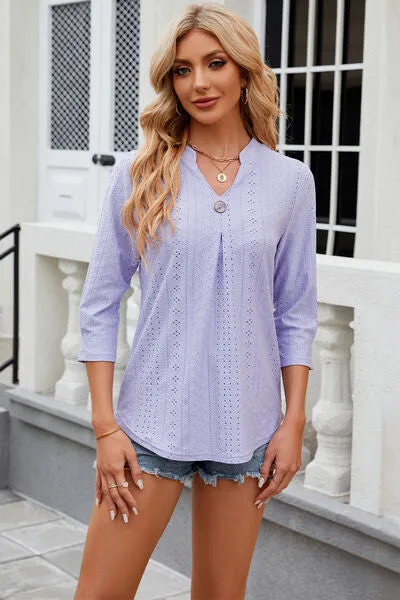 Eyelet Notched Knit Jacquard Top (8 Colors)