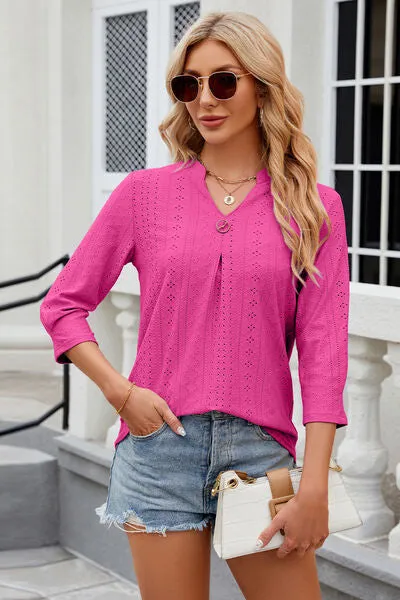 Eyelet Notched Knit Jacquard Top (8 Colors)