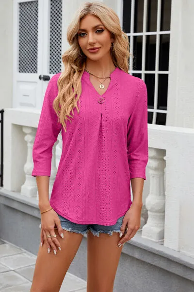 Eyelet Notched Knit Jacquard Top (8 Colors)