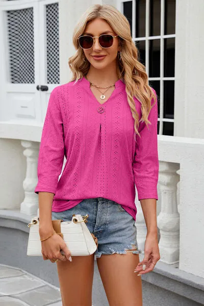 Eyelet Notched Knit Jacquard Top (8 Colors)