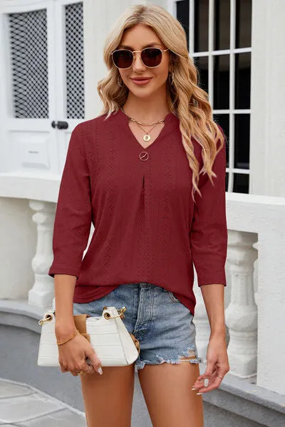 Eyelet Notched Knit Jacquard Top (8 Colors)