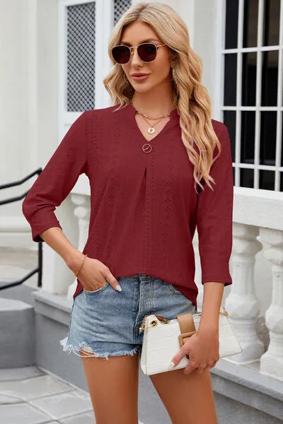 Eyelet Notched Knit Jacquard Top (8 Colors)