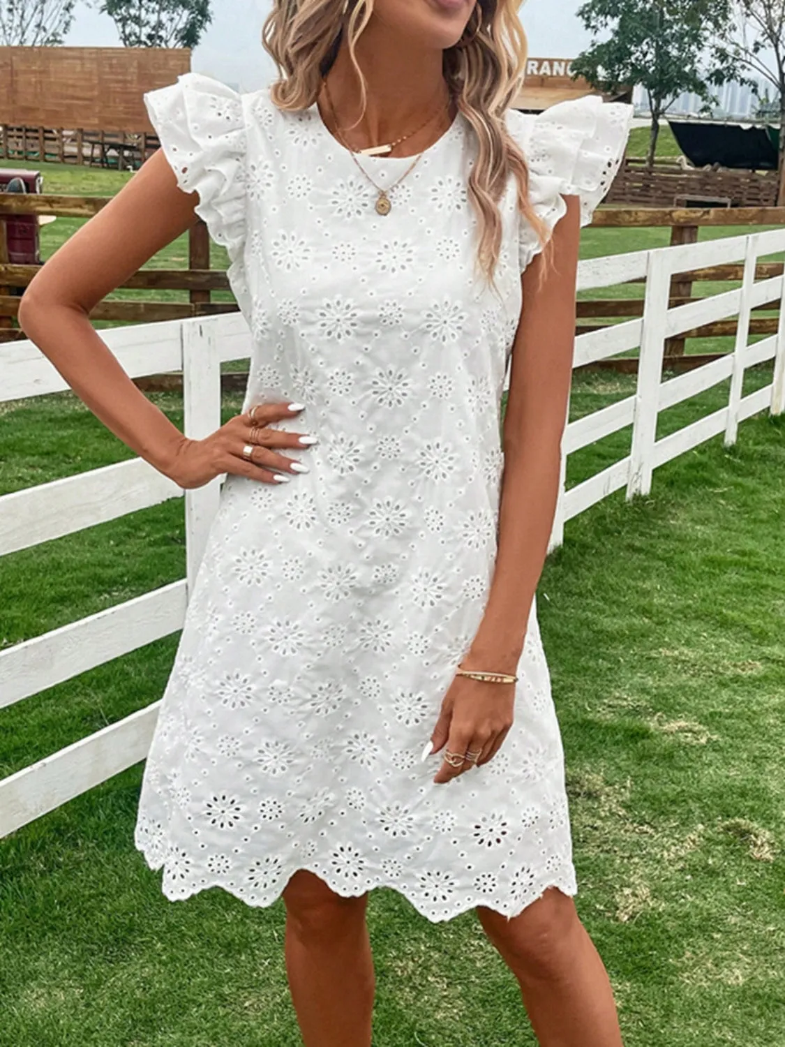 Eyelet Round Neck Ruffled Cap Sleeve Dress