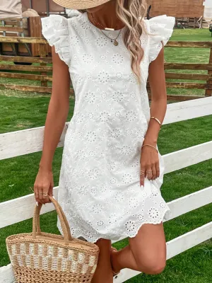 Eyelet Round Neck Ruffled Cap Sleeve Dress