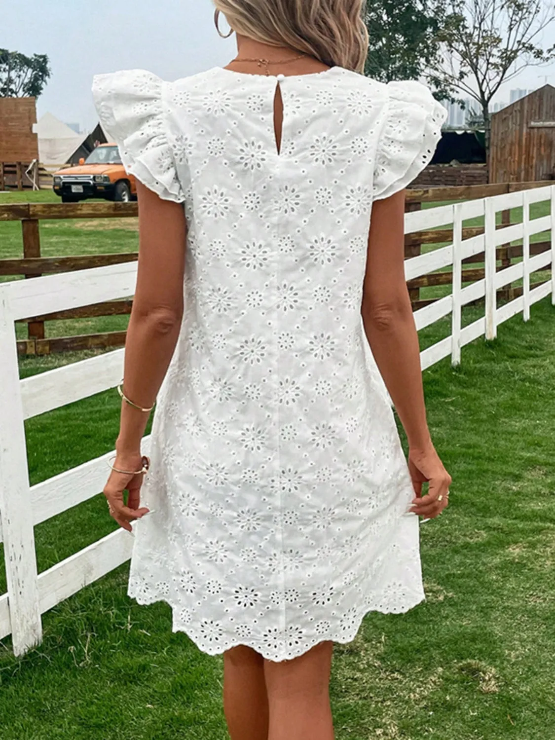 Eyelet Round Neck Ruffled Cap Sleeve Dress
