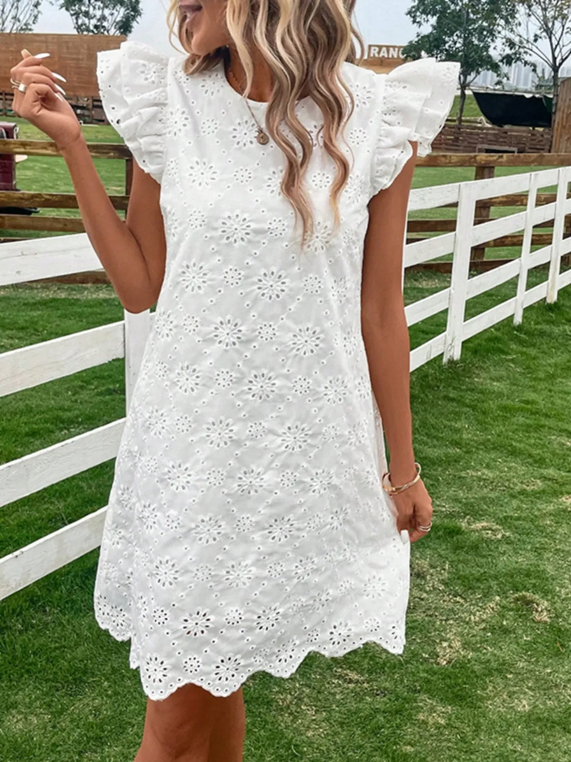Eyelet Round Neck Ruffled Cap Sleeve Dress