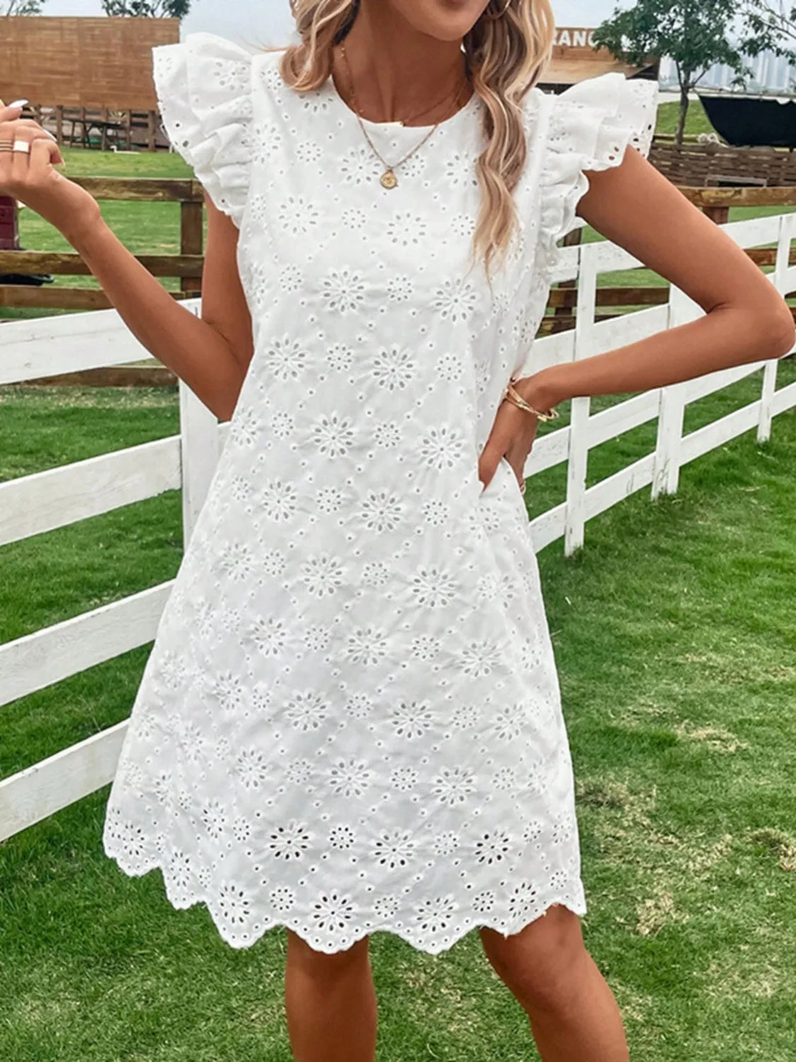 Eyelet Round Neck Ruffled Cap Sleeve Dress