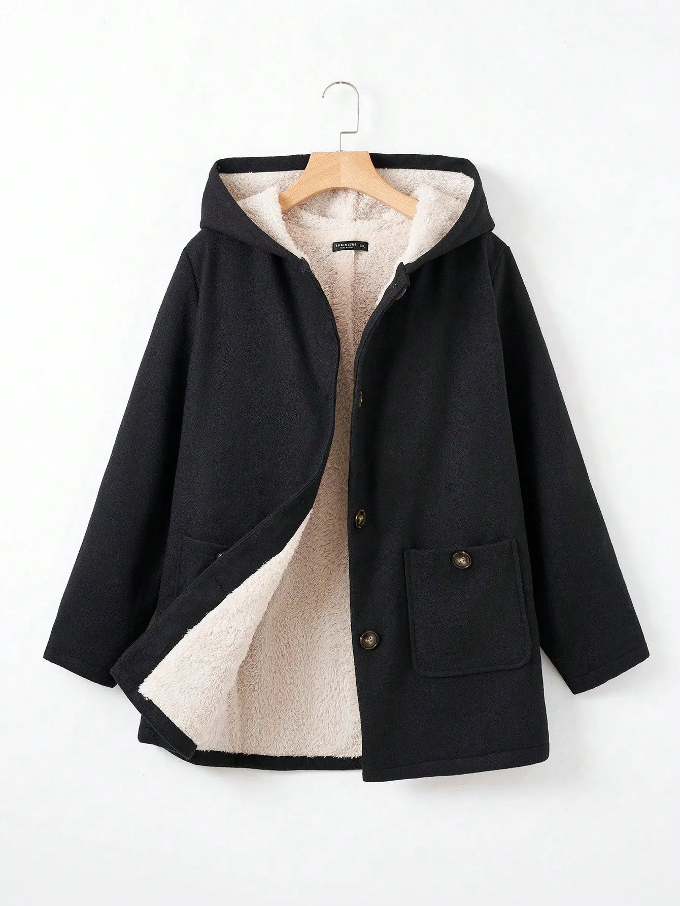 EZwear Plus Size Double Pockets Warm Lined Hooded Jacket