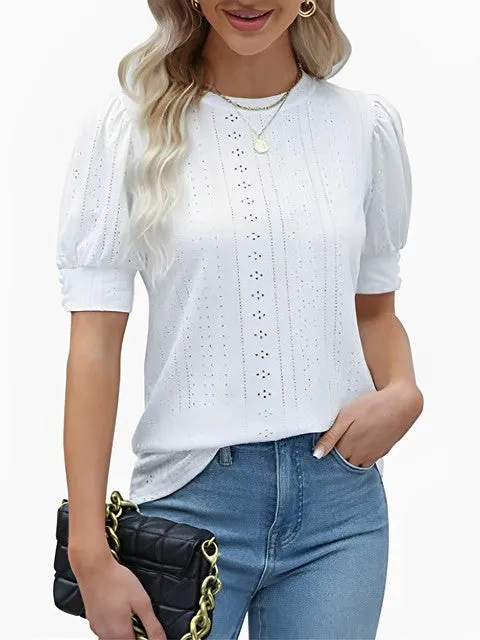 Fashion Hollow Out O Neck Puff Sleeve Office Lady Shirt