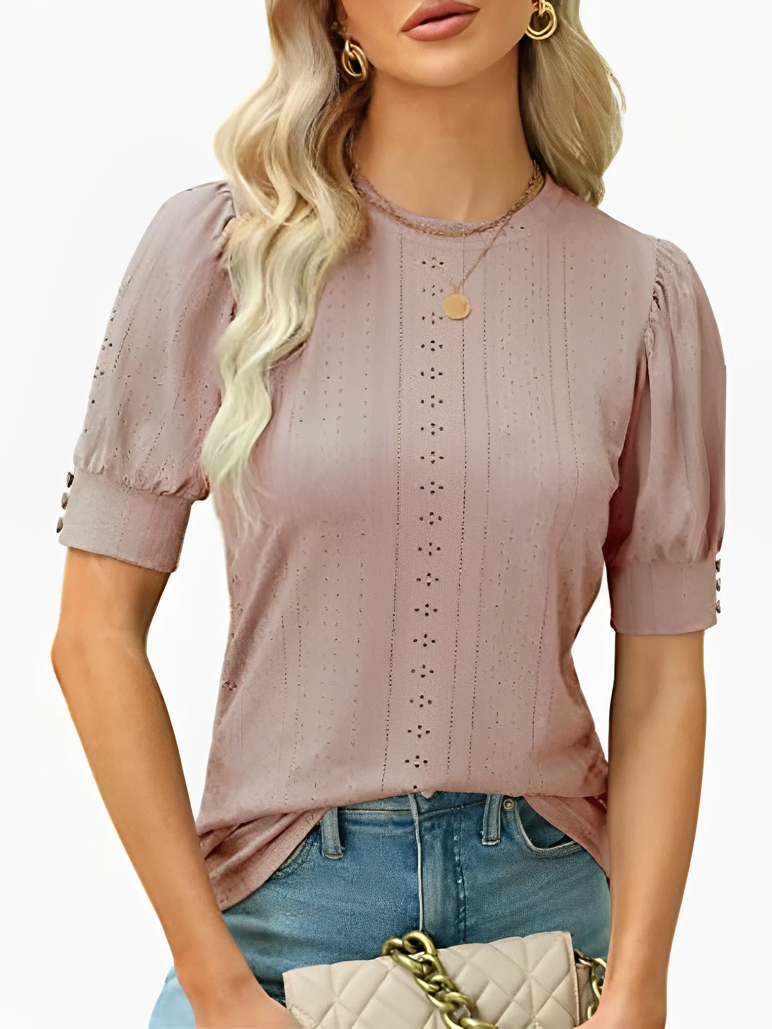 Fashion Hollow Out O Neck Puff Sleeve Office Lady Shirt