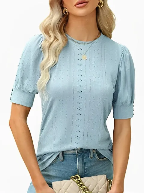 Fashion Hollow Out O Neck Puff Sleeve Office Lady Shirt