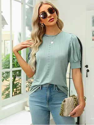 Fashion Hollow Out O Neck Puff Sleeve Office Lady Shirt