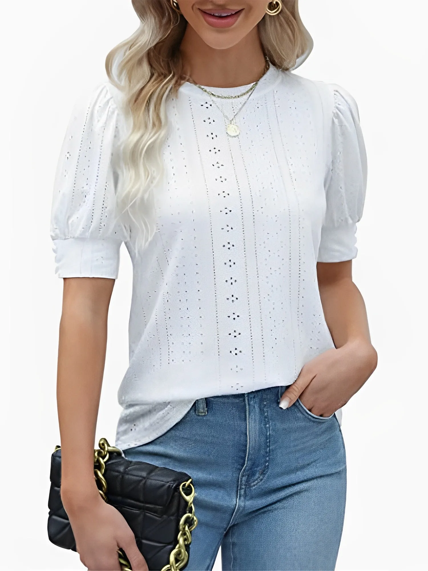 Fashion Hollow Out O Neck Puff Sleeve Office Lady Shirt