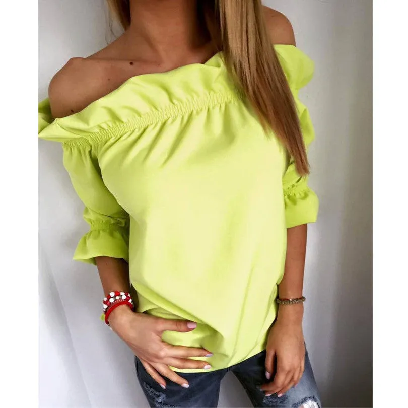 Fashion Women Blouse Puff Sleeve Slash Neck Soild Shirt Strapless Off Shoulder Ruffles Feminine Blouses Ladies Tops LJ3866C