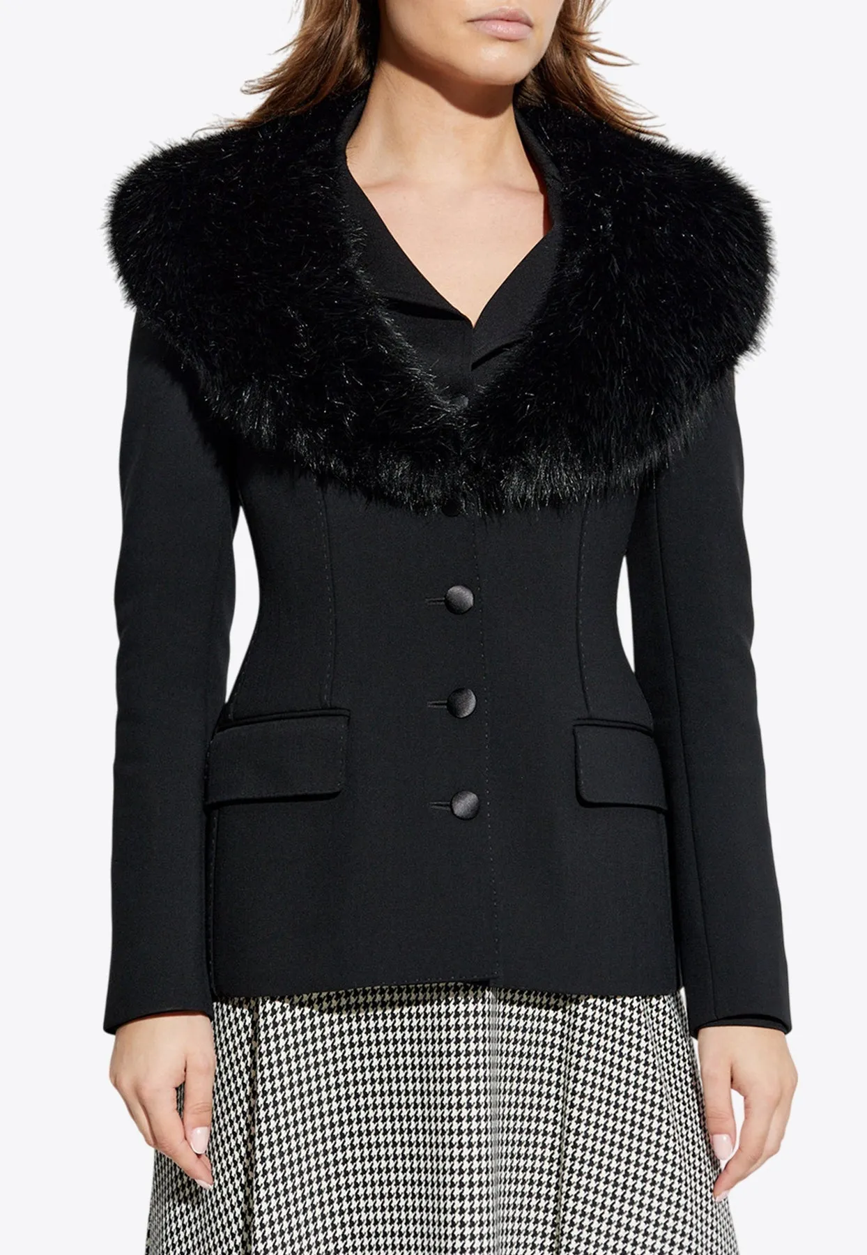 Faux-Fur Collar Single-Breasted Blazer