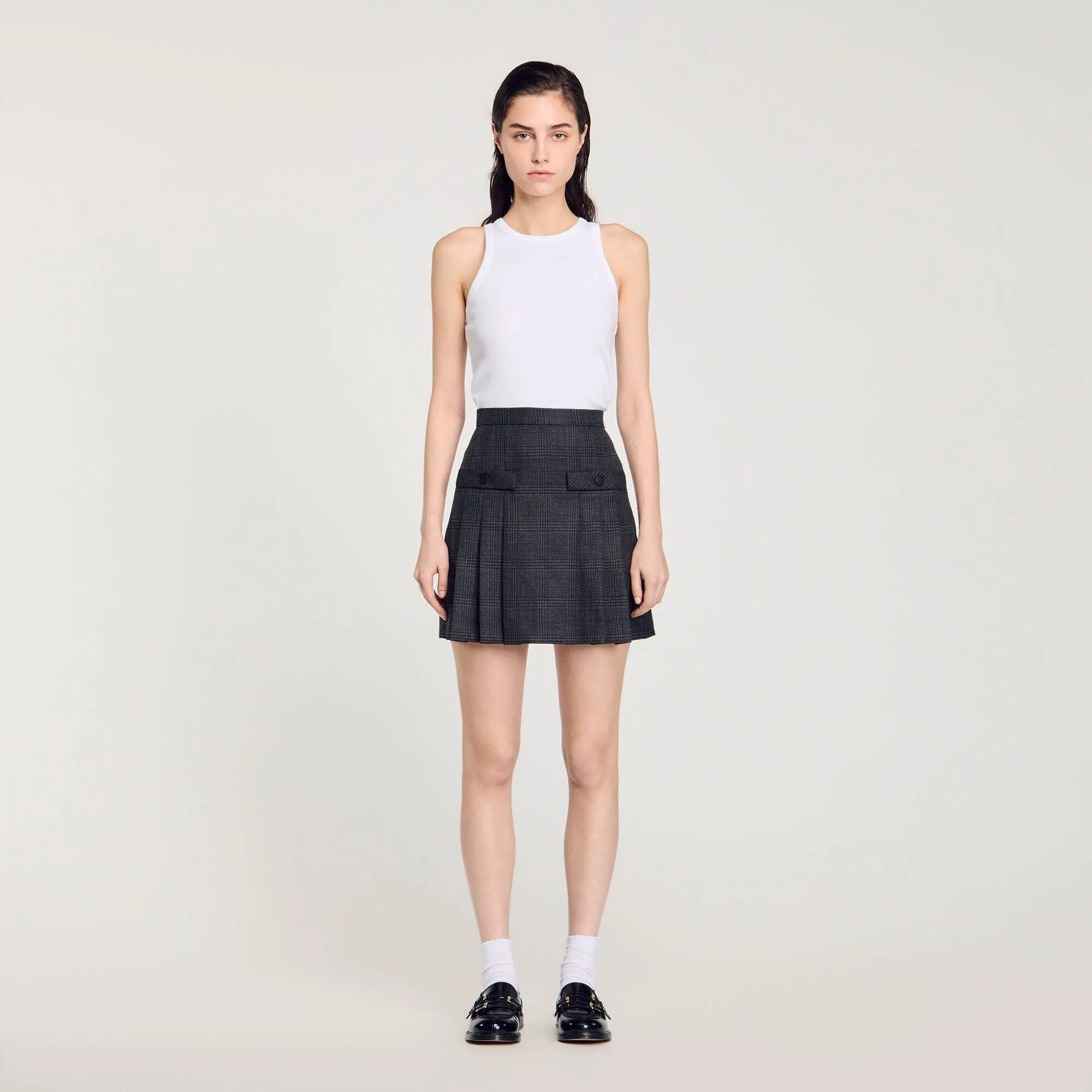 Felicite Short Checked Pleated Skirt Dark Grey