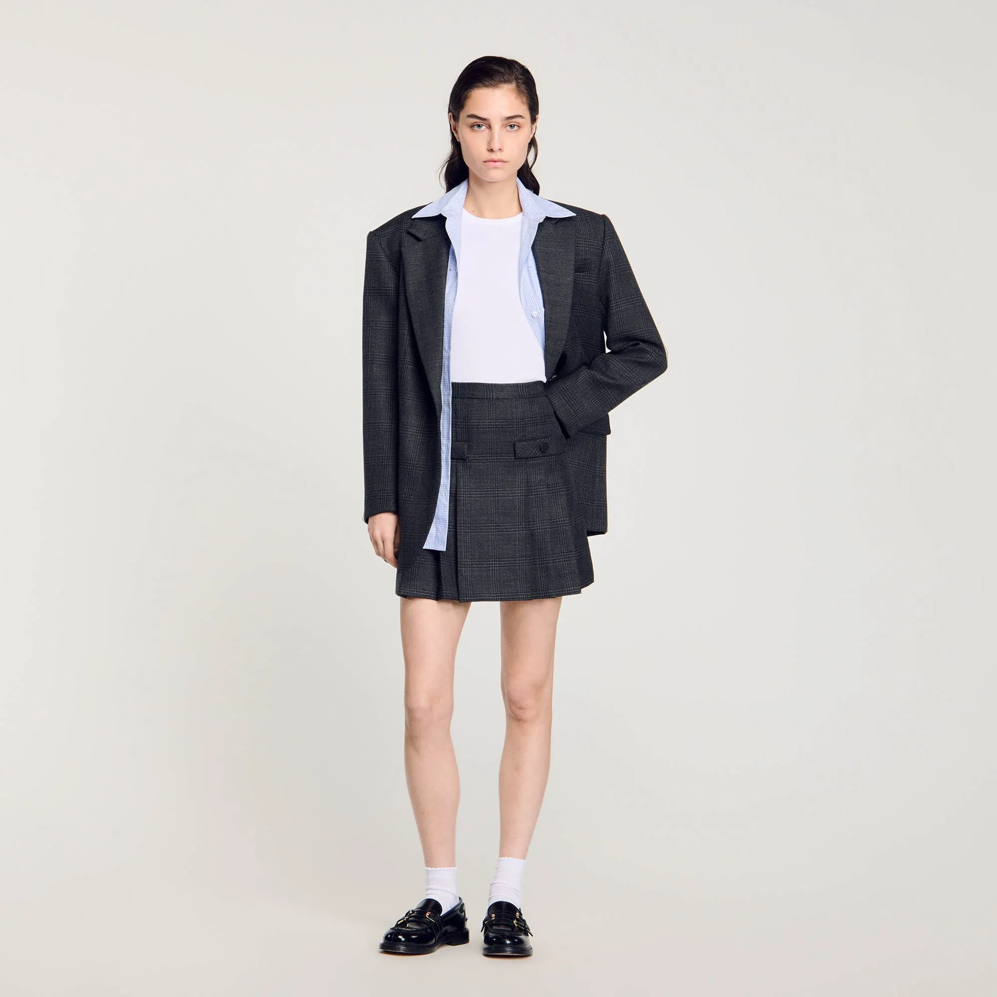 Felicite Short Checked Pleated Skirt Dark Grey