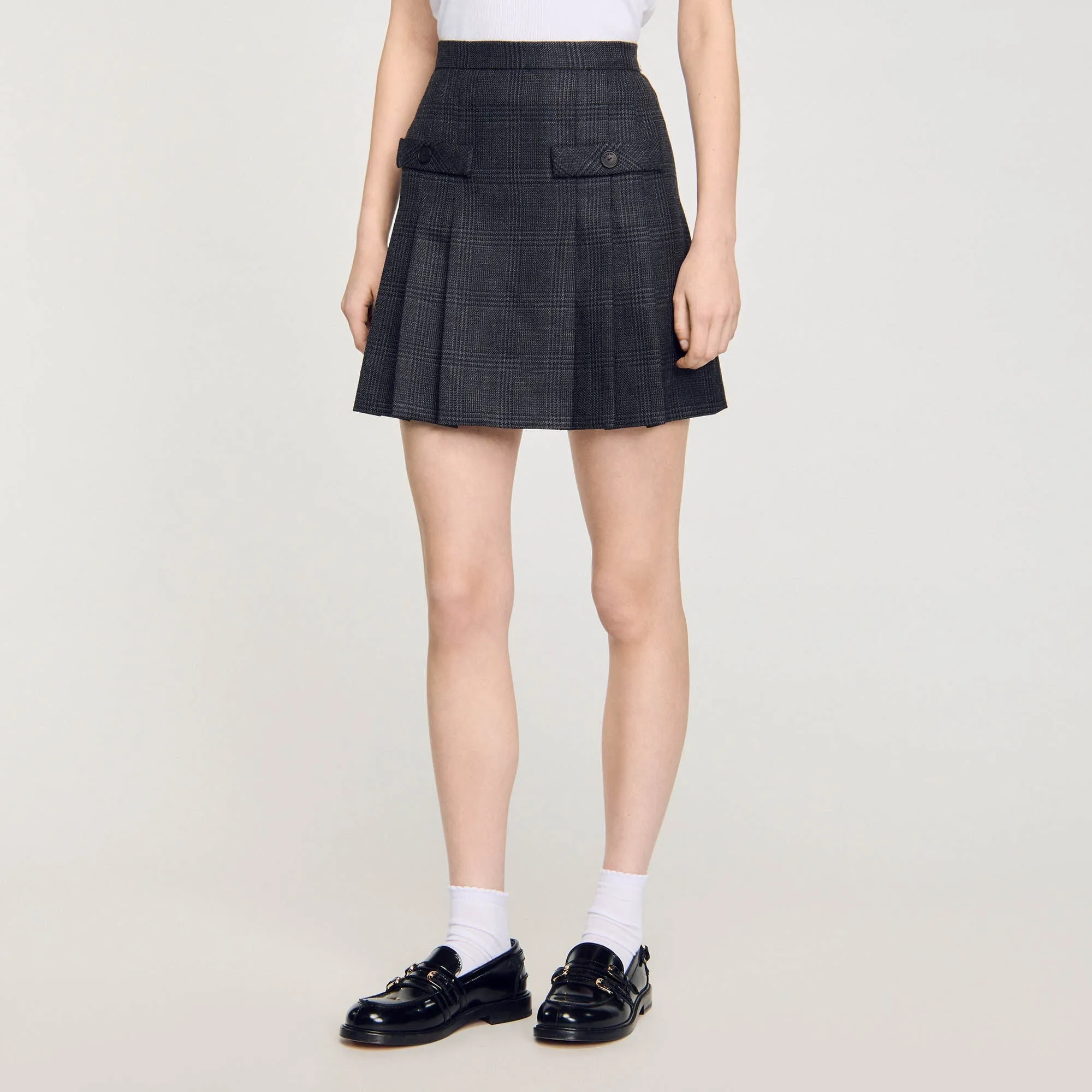 Felicite Short Checked Pleated Skirt Dark Grey