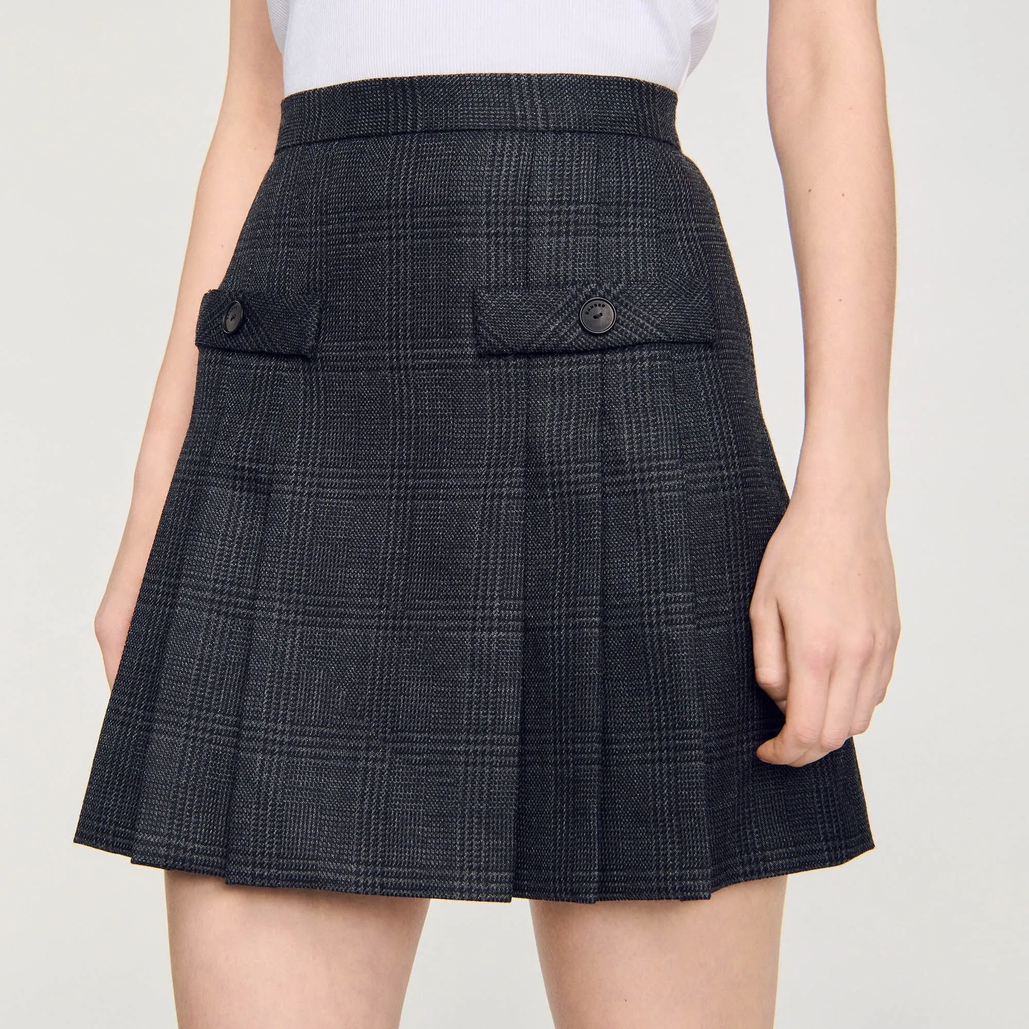 Felicite Short Checked Pleated Skirt Dark Grey