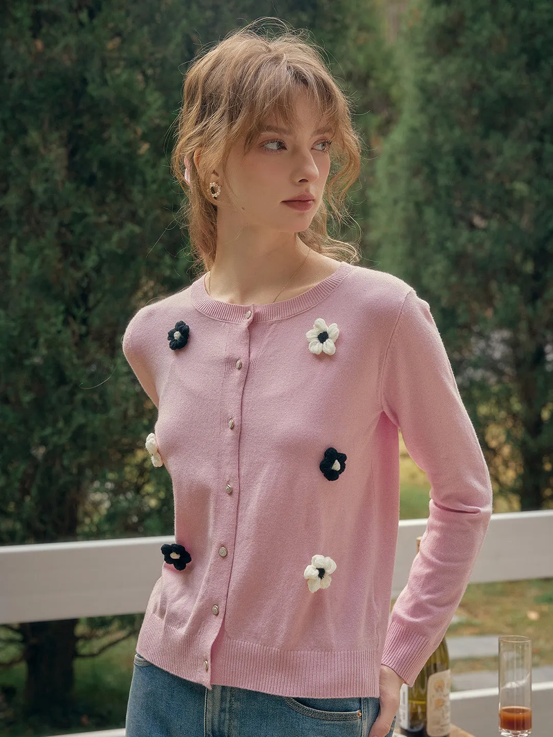 【Final Sale】Amabel Round Neck Flower Cardigan