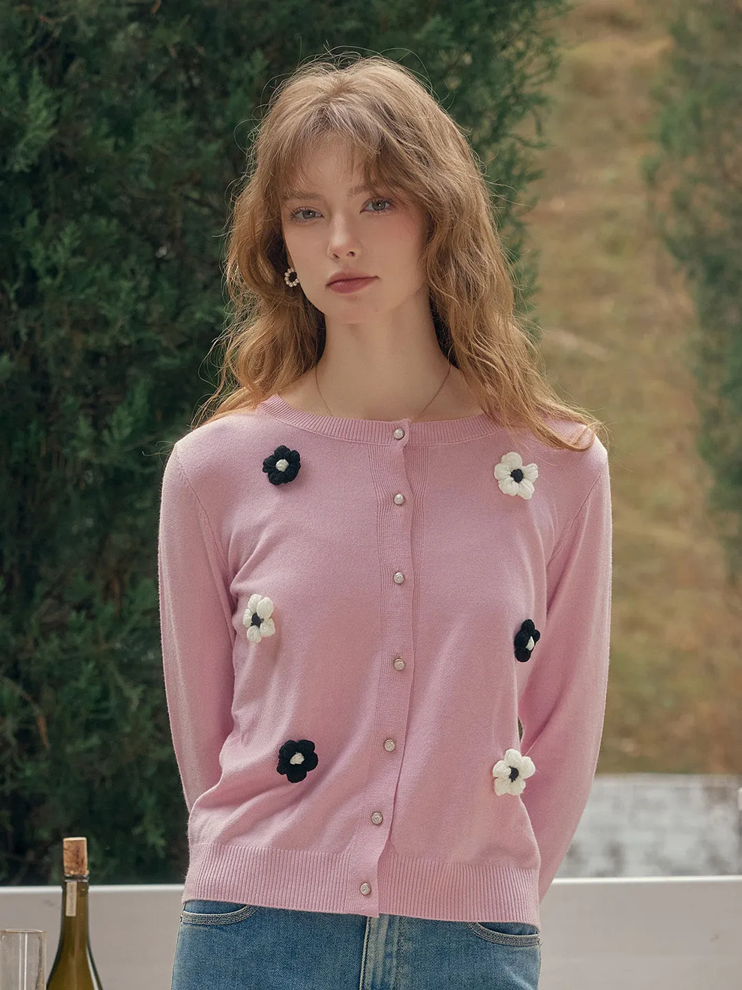 【Final Sale】Amabel Round Neck Flower Cardigan