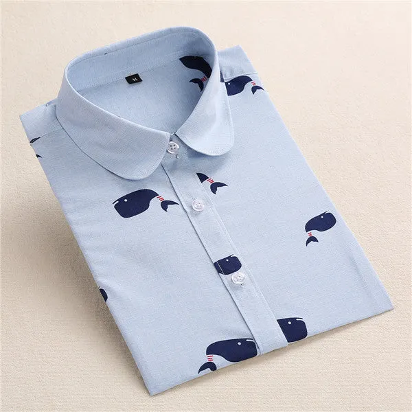 Floral Blouse Shirt Women Long Sleeve Tops Cotton Shirts White Navy Blouses Small Flower