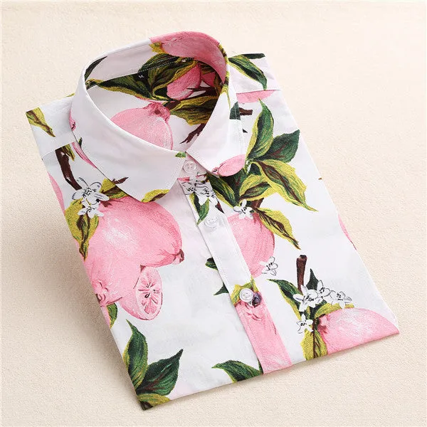 Floral Blouse Shirt Women Long Sleeve Tops Cotton Shirts White Navy Blouses Small Flower