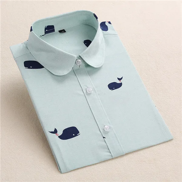 Floral Blouse Shirt Women Long Sleeve Tops Cotton Shirts White Navy Blouses Small Flower