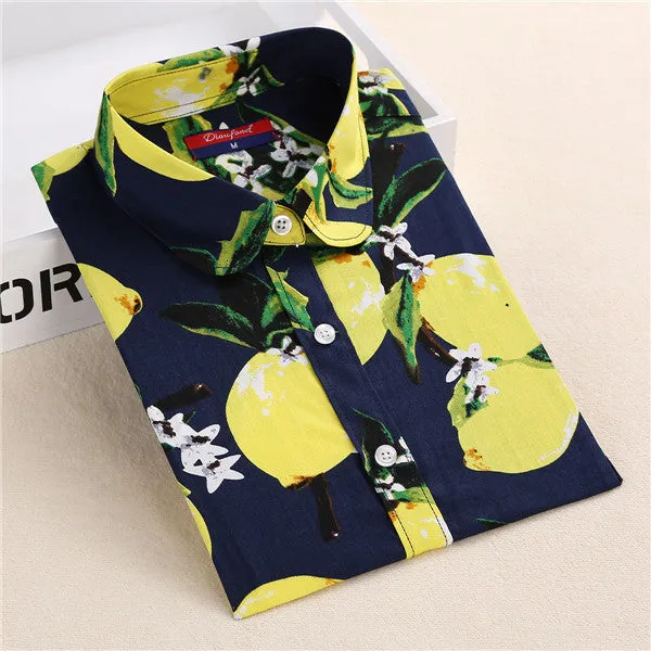 Floral Blouse Shirt Women Long Sleeve Tops Cotton Shirts White Navy Blouses Small Flower