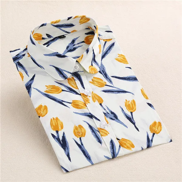 Floral Blouse Shirt Women Long Sleeve Tops Cotton Shirts White Navy Blouses Small Flower