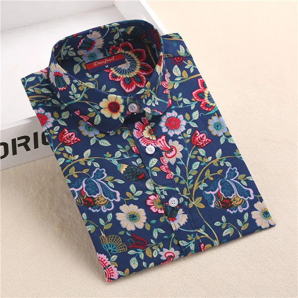 Floral Blouse Shirt Women Long Sleeve Tops Cotton Shirts White Navy Blouses Small Flower