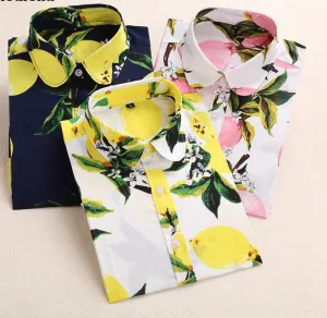 Floral Blouse Shirt Women Long Sleeve Tops Cotton Shirts White Navy Blouses Small Flower