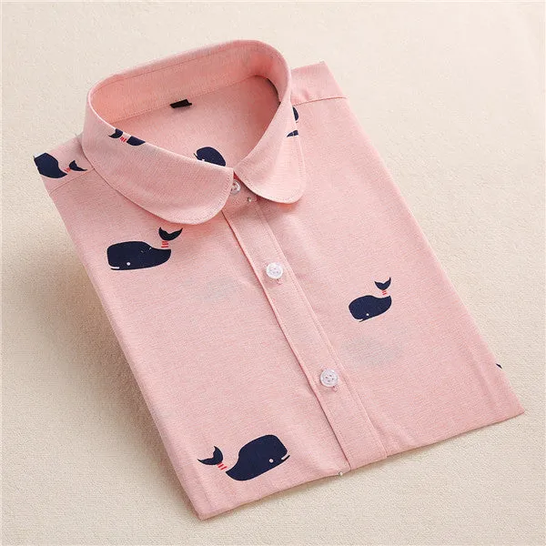 Floral Blouse Shirt Women Long Sleeve Tops Cotton Shirts White Navy Blouses Small Flower