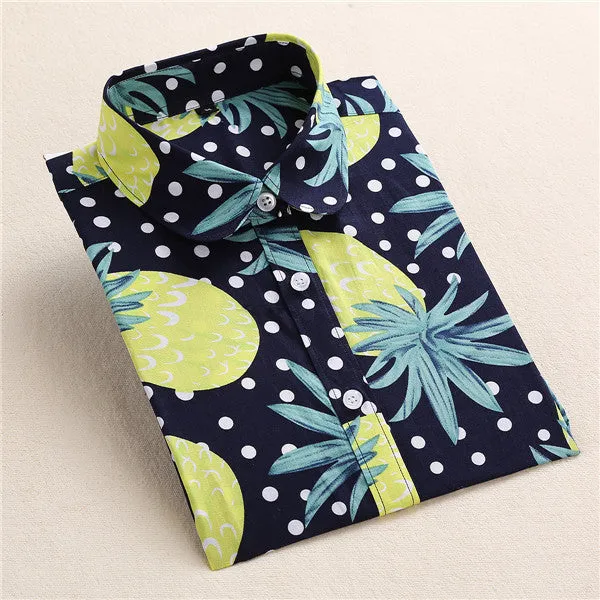 Floral Blouse Shirt Women Long Sleeve Tops Cotton Shirts White Navy Blouses Small Flower