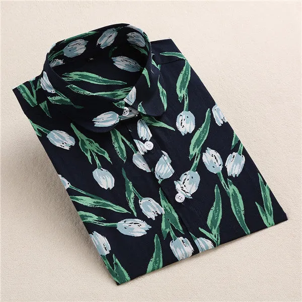 Floral Blouse Shirt Women Long Sleeve Tops Cotton Shirts White Navy Blouses Small Flower