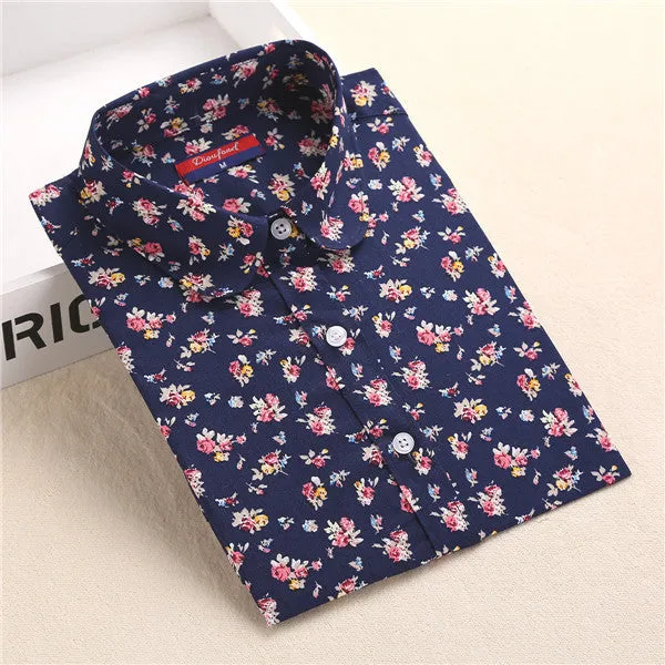 Floral Blouse Shirt Women Long Sleeve Tops Cotton Shirts White Navy Blouses Small Flower