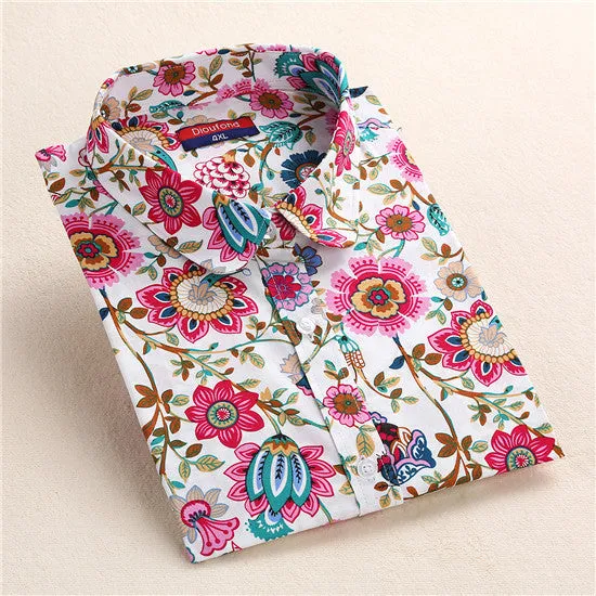 Floral Blouse Shirt Women Long Sleeve Tops Cotton Shirts White Navy Blouses Small Flower